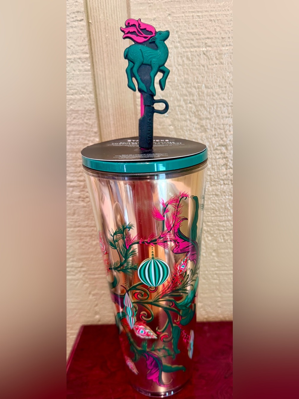 Starbucks 2024 Holiday 24 oz Cold Cup Tumbler w/ Reindeer Straw Topper - New